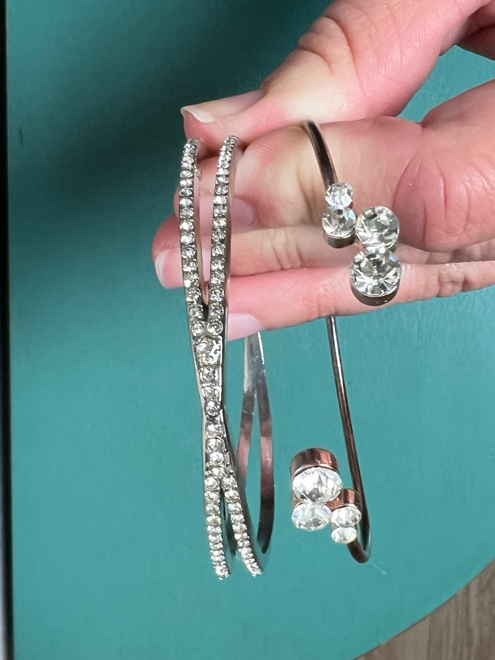Crystal-Accented Silver Bangle Bracelets - Sparkling Silver